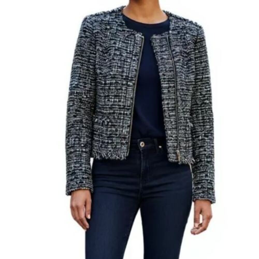Banana Republic Tweed Textured Zip Jacket Women 10 Black Blue Academia Blazer